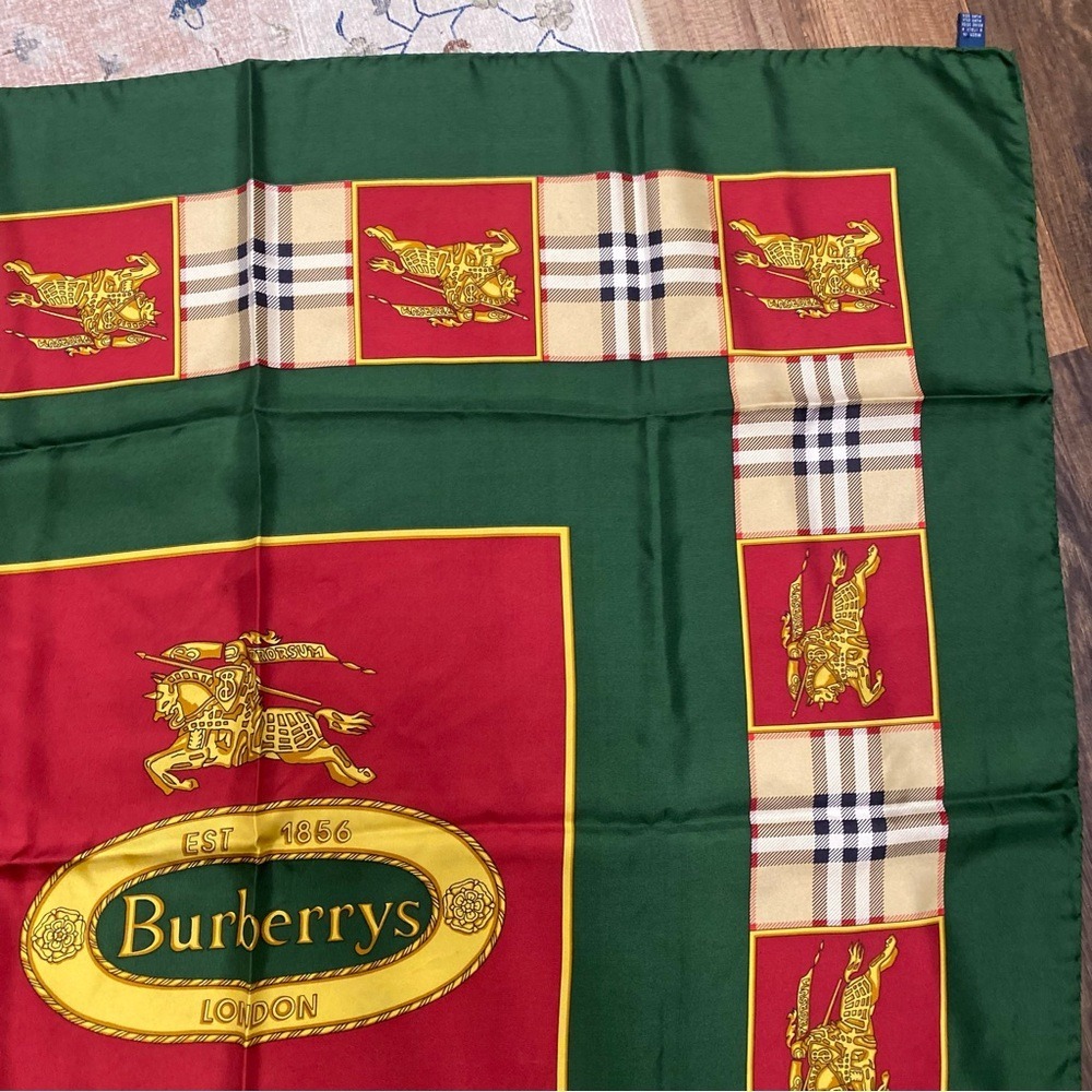 Vintage Burberrys London Silk Scarf Green Red Equestrian Prorsum Knight Logo - Picture 7 of 11